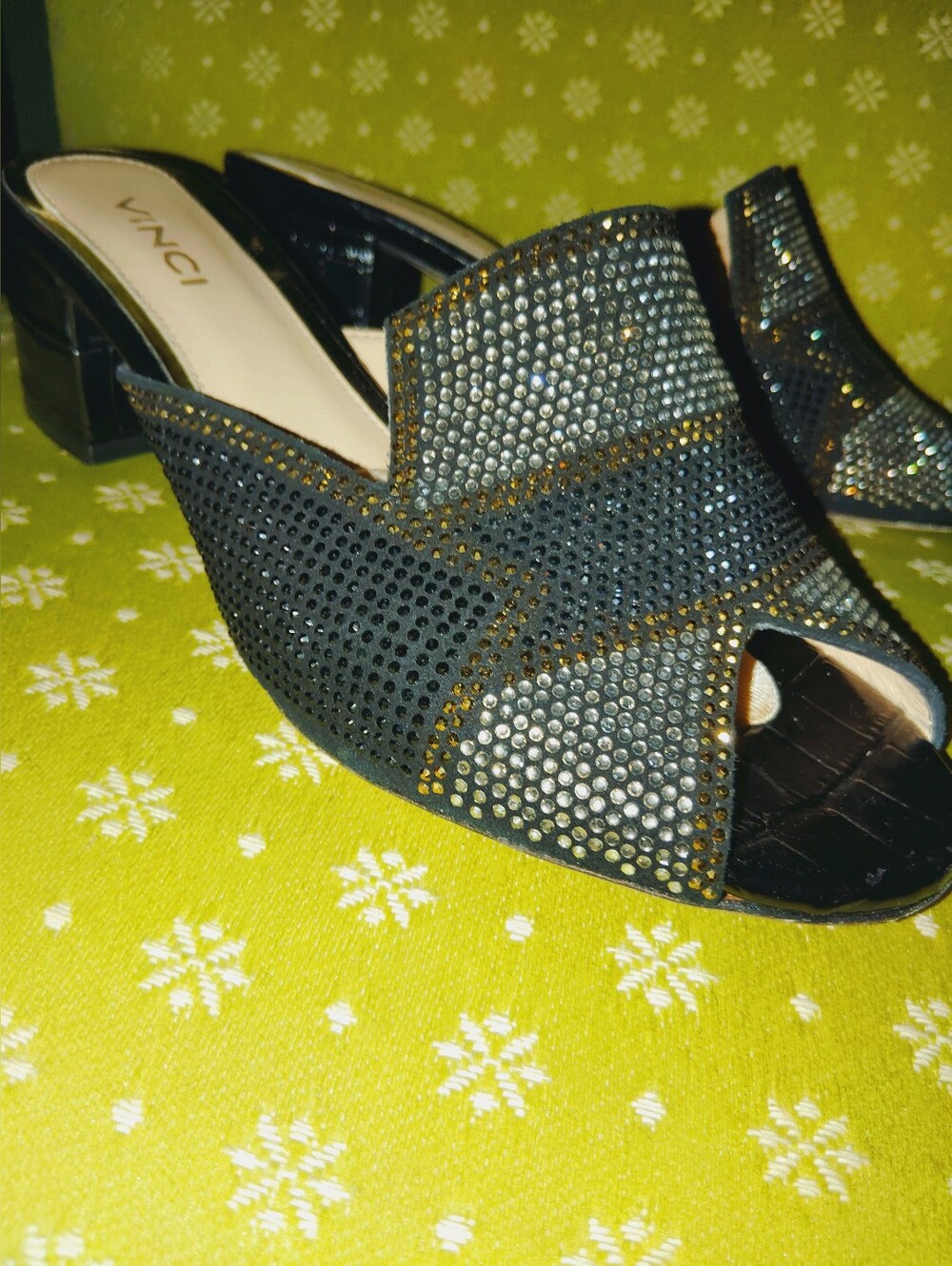 $485 Vinci Magnolia Crystal Sparkly Black Mule Block Heel DAZZLING Sz 38 80% OFF